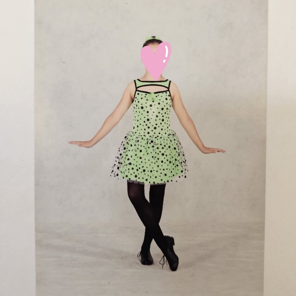 Curtain Call green black polka dots tulle layer dress leotard tap dance sz CXL - Picture 8 of 10